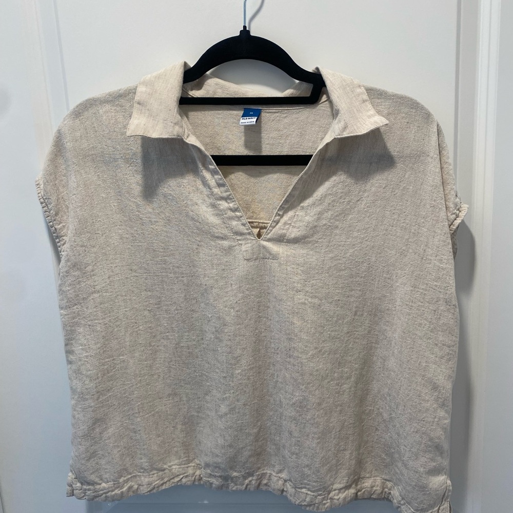 Old Navy Neutral Linen Blended Collard Top